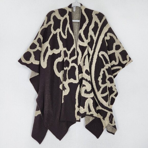 Chicos Sweater Womens One Size Tan Brown Gold Shawl Cardigan Cape Knit Shimmer - Picture 1 of 16